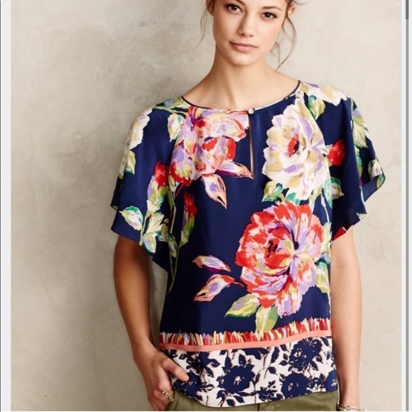 Anthropology Maeve silk Gardenia floral flutter sleeve blouse - Picture 1 of 9